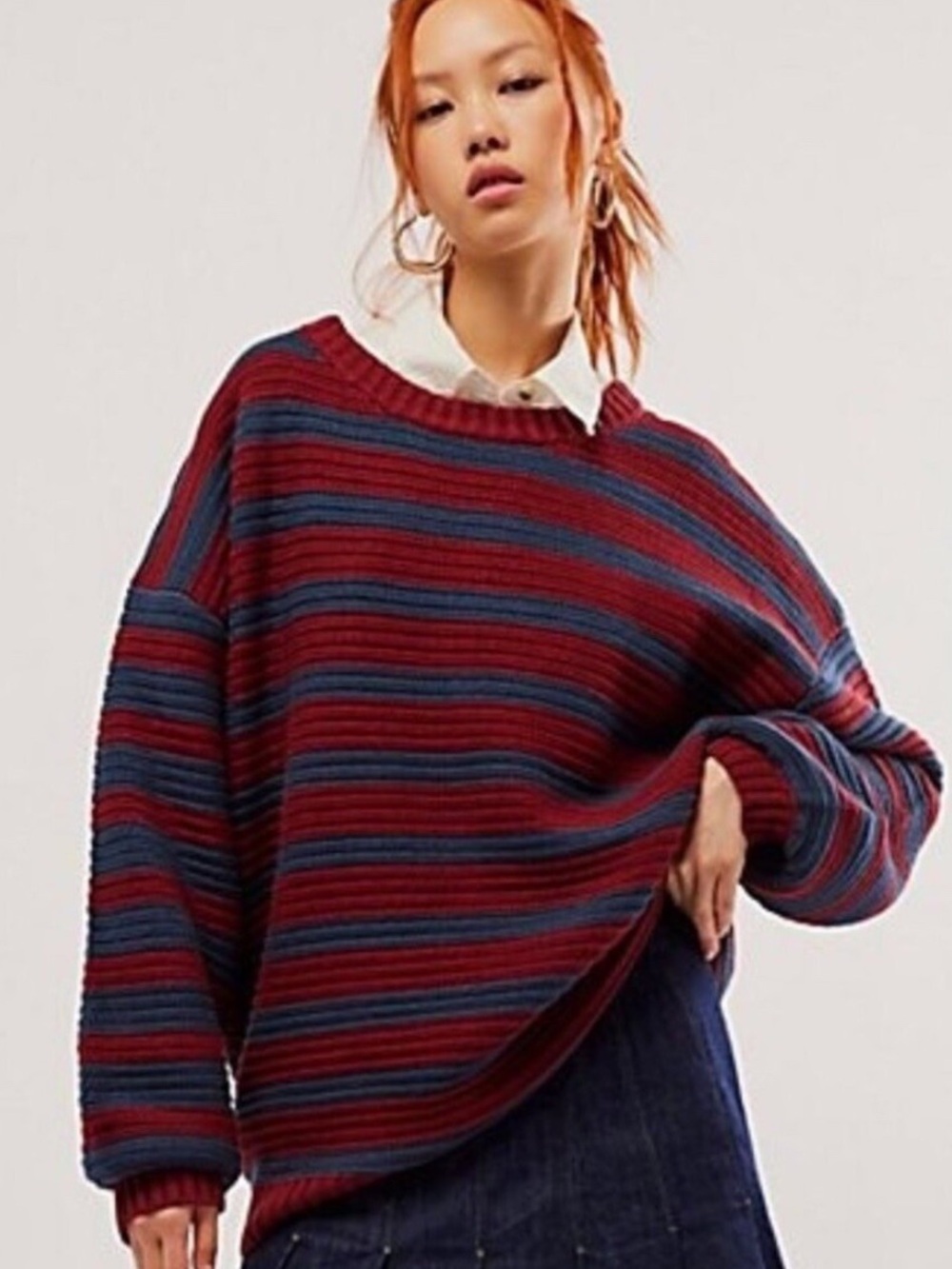 Free People Striped Crewneck Sweater in Red & Navy